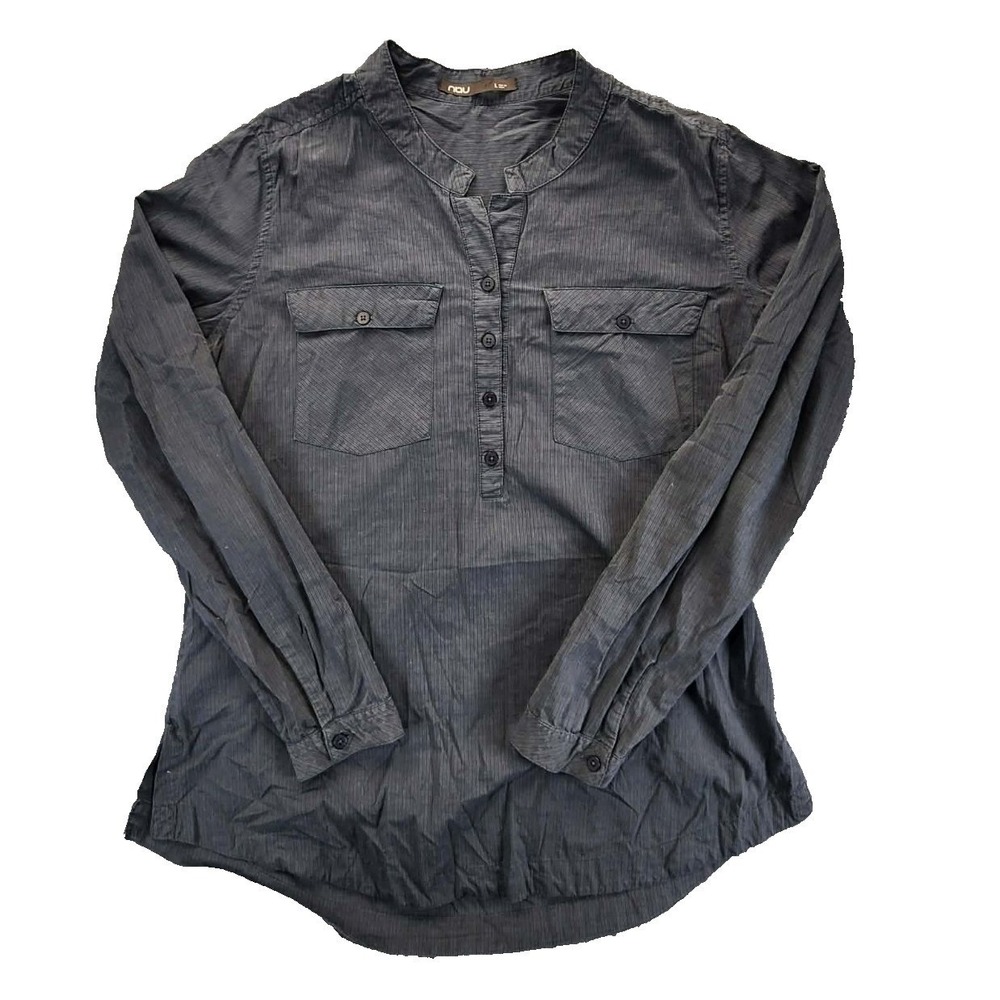 Nau‎ Shirt Women Large Gray Henley Long Sleeve Button Pocket Textured EUC